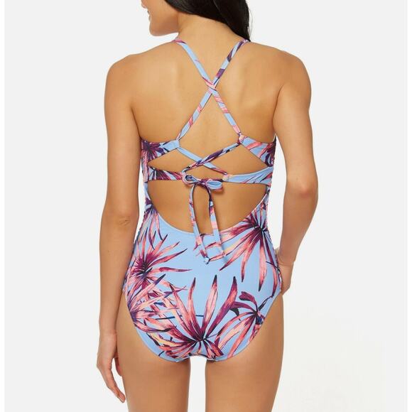 Jessica Simpson V Neck Smocked Side One Piece Swimsuit Lilac Palm Print Small - Picture 2 of 6